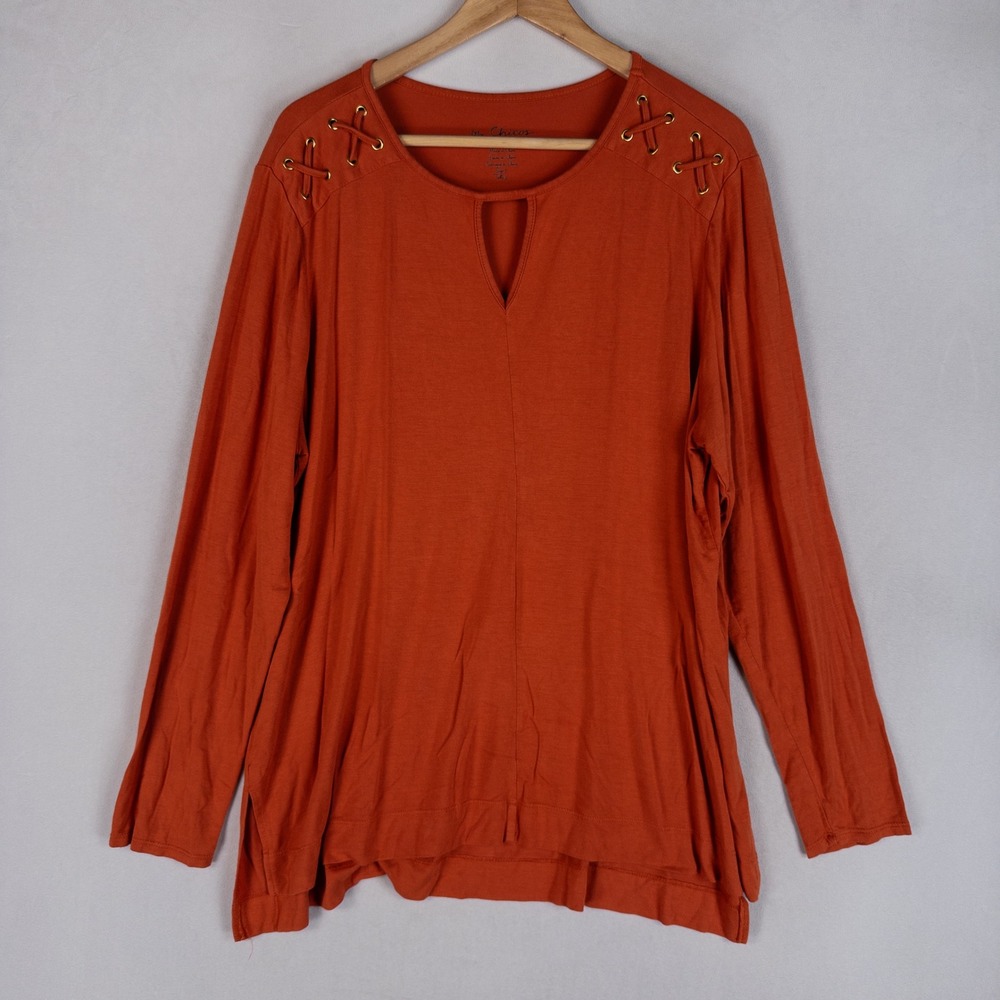 Chico's Womens Top 3 US XL Orange Lace Up Shoulder Keyhole Long Sleeve Stretch